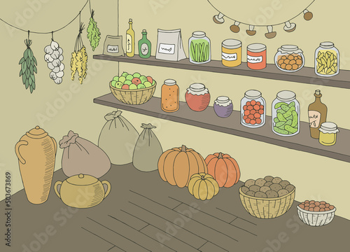 Pantry interior storage color graphic sketch illustration vector