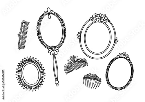 Set of women's antique mirrors and combs. Retro women's household items. Hand drawn vintage oval mirrors and hair combs isolated.