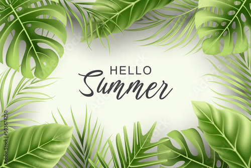 Summer background with realistic tropical leaves