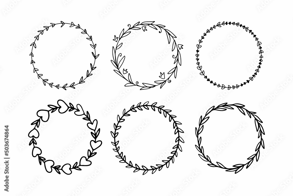Set of graphic floral round frames. Vector isolated on white background.