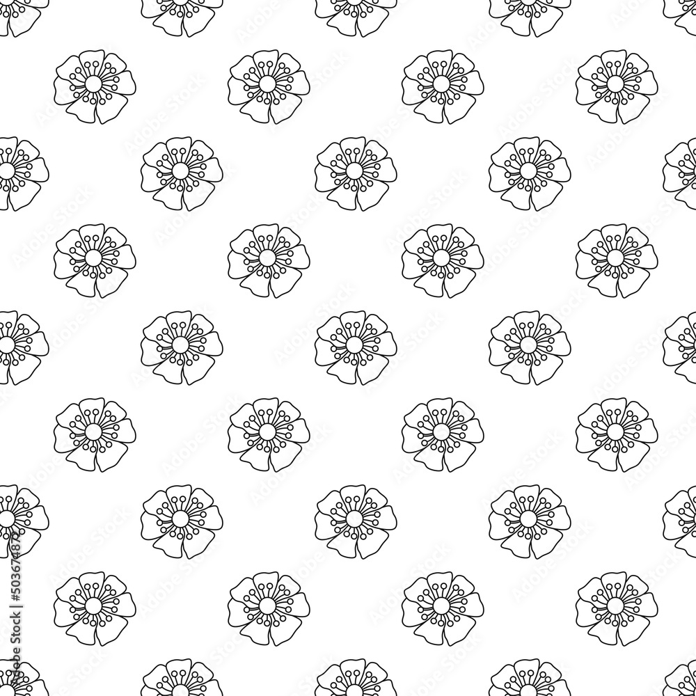 Seamless pattern with hand-drawn flowers. Black and white outline digital paper. Seamless pattern with hand-drawn flowers. Black and white outline digital paper.