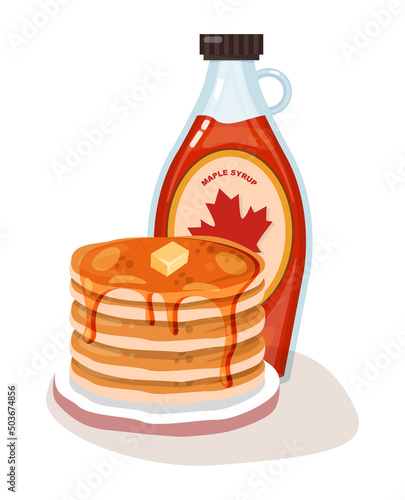 Maple syrup bottle. Sweet maple nectar in a glass bottle. Canadian syrup