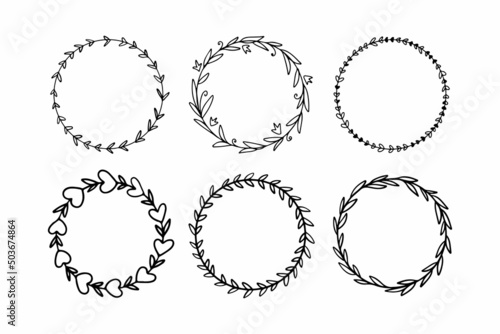 Set of graphic floral round frames. Vector isolated on white background.