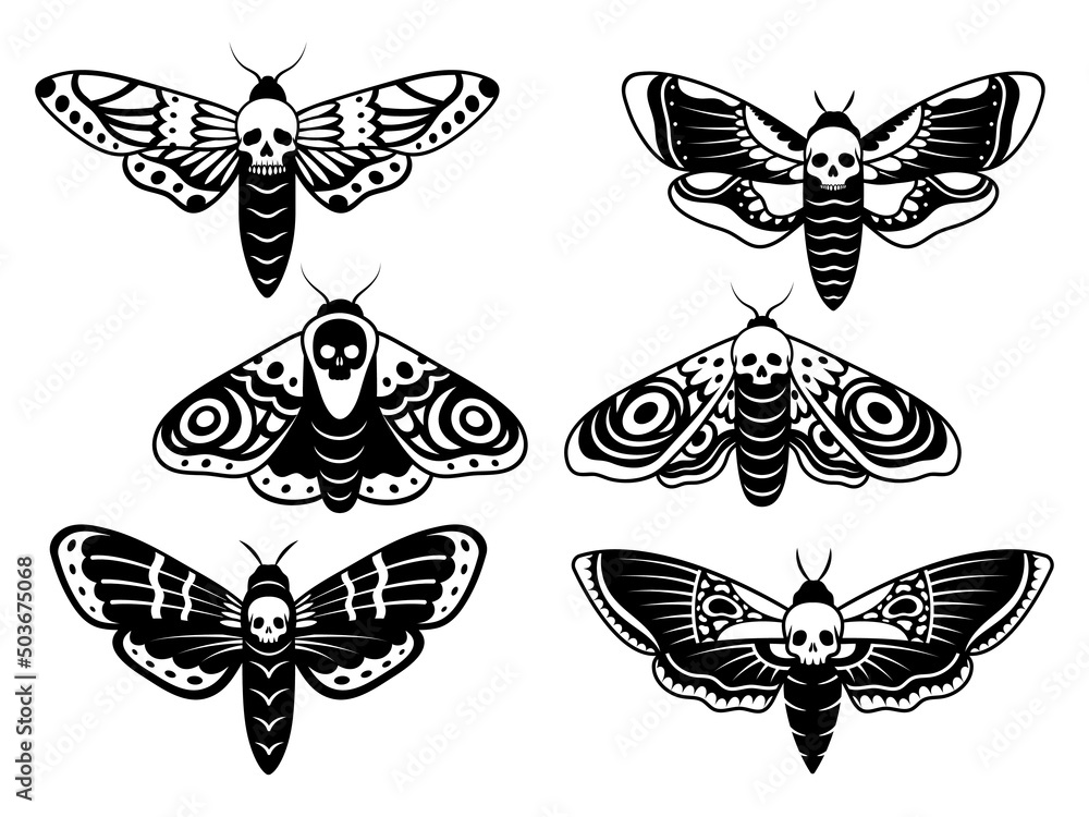 Set of stylized moth with skull. Collection of death's head hawk moth. Mystical tropical insects. Butterfly with gothic symbol. Tattoo. Vector illustration of flying scary insects.  - obrazy, fototapety, plakaty 