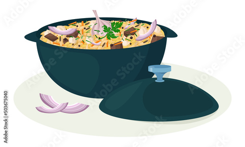Pilaf illustration. Traditional uzbek dish with rice, vegetables and meat