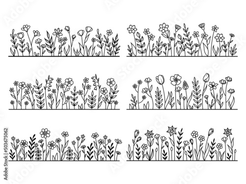 Set of field flowers. Collection of summer plants with insects. Floral glade with grass and plants. Wild flower. Vector illustration of vinyl sticker on the wall.