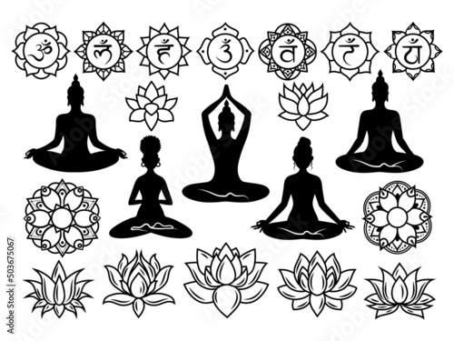 Set of silhouette woman doing yoga. Collection of meditating girls in the lotus position. Meditation pose. Lotus flower mandala. Vector illustration isolated on white background.