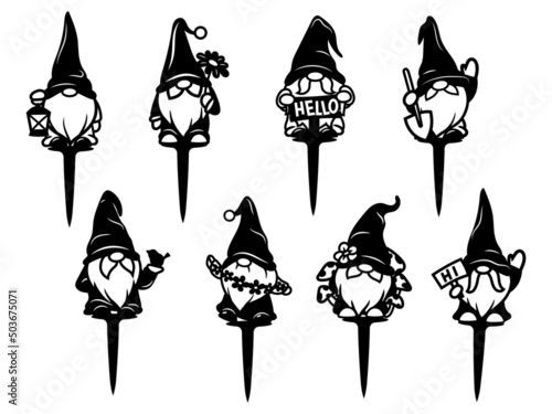 Set of nordic garden gnomes. Collection of cute holidays elves with hats for gardening. Gnomes for flower pots. Vector illustration onwhite background. Drawing for children.