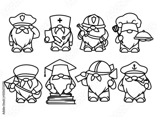 Set of different professions gnomes. Collection of cute worker garden gnomes. Vector illustration for travel postcard. Drawing for children.