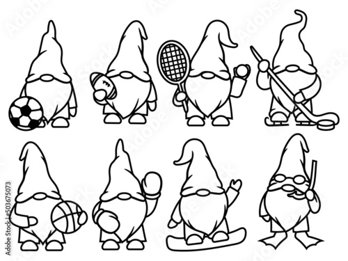 Set of little hobby gnomes. Collection of cute summer gnome holidays. Vector illustration for travel postcard. Drawing for children.