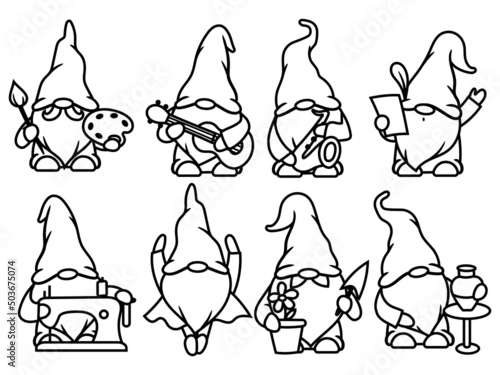 Set of little hobby gnomes. Collection of cute summer gnome holidays. Vector illustration for travel postcard. Drawing for children.