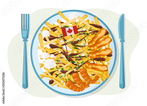 Poutine illustration. Canadian quebec quisine. French fries and cheese photo