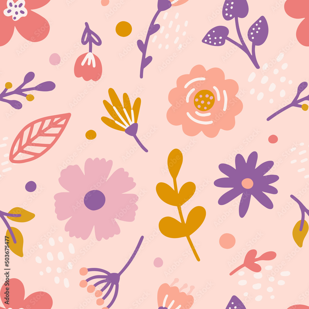 Vector floral seamless pattern in flat hand drawn style, cute flowers with leaves on pink background