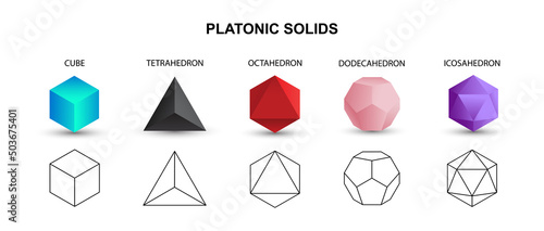 Set of colorful vector editable 3D platonic solids isolated on white background. Mathematical geometric figures such as cube, tetrahedron, octahedron, dodecahedron, icosahedron. Icon, logo, button.