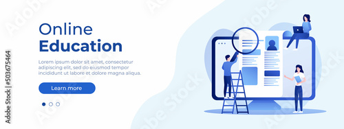 Online education concept. Vector layout for website page. Illustration in flat style with people studying remotely. Students learning online at home. Vector illustration EPS 10