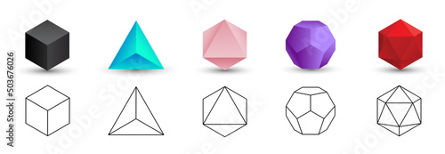 Set of colorful vector editable 3D platonic solids isolated on white background. Mathematical geometric figures such as cube, tetrahedron, octahedron, dodecahedron, icosahedron. Icon, logo, button.