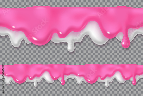 Melted pink and white icing or sweet sauce drop set. Berry yogurt design. Realistic 3d horizontal leaking syrup dripping collection isolated on transparent background. Edge decoration