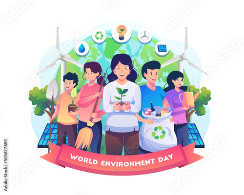 A group of people from around the world celebrate World Environment Day by taking care of the earth and nature. Save the planet, save energy. Earth Day Concept. Flat vector illustration