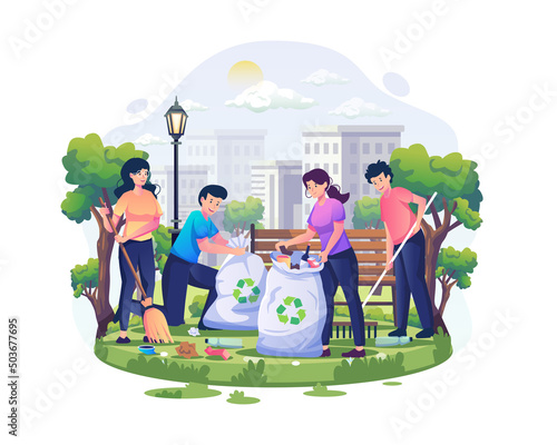 People are cleaning up trash in the park on World Environment Day. Save the planet. Earth Day concept. Flat style vector illustration