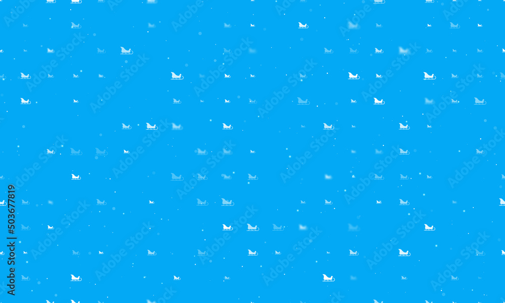 Seamless background pattern of evenly spaced white sleigh symbols of different sizes and opacity. Vector illustration on light blue background with stars Seamless background pattern of evenly spaced white sleigh symbols of different sizes and opacity. Vector illustration on light blue background with stars