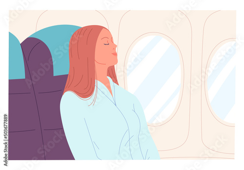 Young woman asleep on the plane. Vector illustration