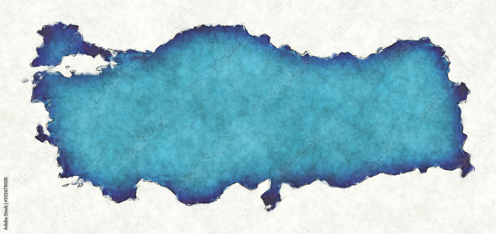 Turkey map with drawn lines and blue watercolor illustration Turkey map with drawn lines and blue watercolor illustration