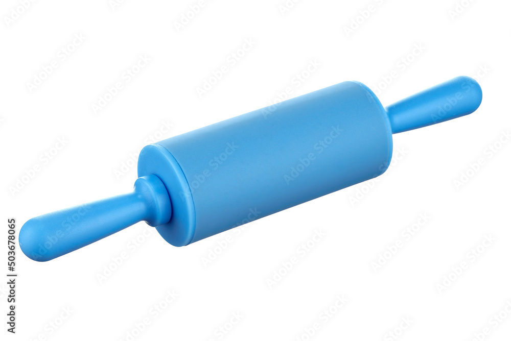 Kitchen rolling pin made of heat-resistant silicone in blue with a central work surface rotating around its axis, isolated on a white background. Kitchen rolling pin made of heat-resistant silicone in blue with a central work surface rotating around its axis, isolated on a white background.