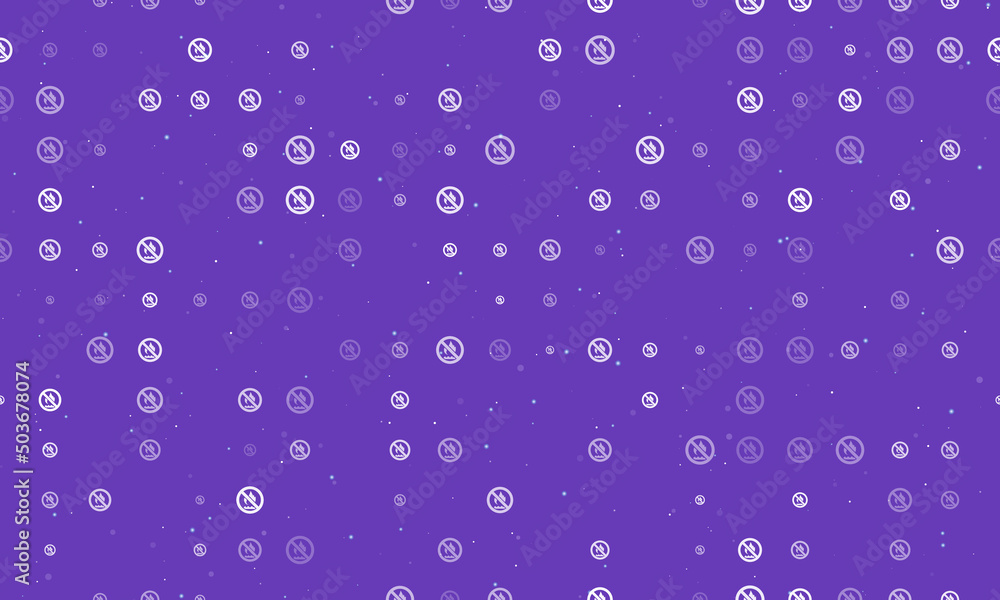Seamless background pattern of evenly spaced white no gas symbols of different sizes and opacity. Vector illustration on deep purple background with stars