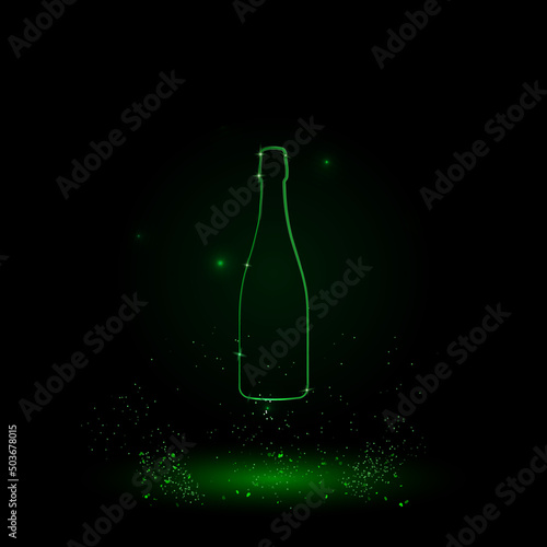 A large green outline champagne symbol on the center. Green Neon style. Neon color with shiny stars. Vector illustration on black background