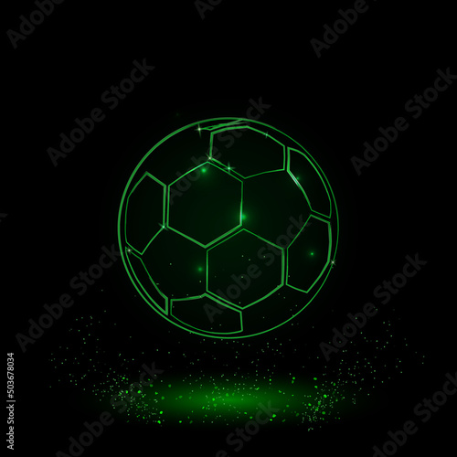 A large green outline football symbol on the center. Green Neon style. Neon color with shiny stars. Vector illustration on black background