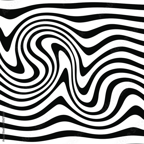 Vector Strips Abstract Background.optical art background wave design black and white.Line art optical art. Psychedelic background. Monochrome background. Optical illusion style. Black dark background.
