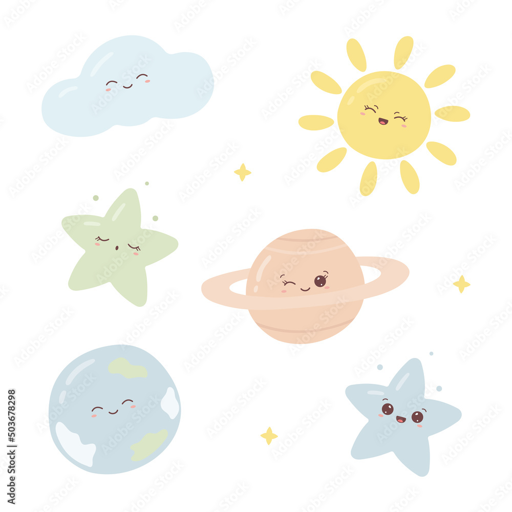 Naklejka premium Set of space and celestial elements with cute faces. Funny kawaii stars, planets, sun and cloud in pastel colours. Vector Illustration isolated on white background