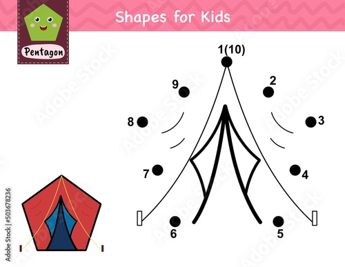 Connect the dots and draw a tent. Dot to dot number game for kids. Learning pentagon shape activity page for preschool. Puzzle template for children. Vector illustration