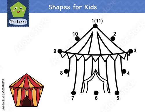 Connect the dots and draw a circus. Dot to dot number game for kids. Learning pentagon shape activity page for preschool. Puzzle template for children. Vector illustration