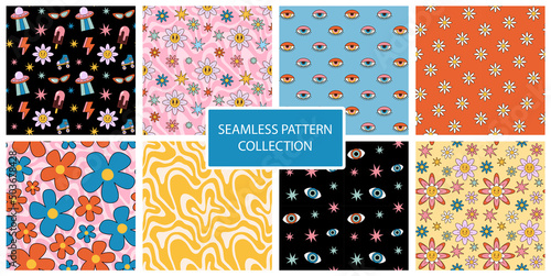 Big set of retro 1970 psychedelic seamless patterns. Bright hippie backgrounds. Groovy trendy wallpaper. Illustration with ufo, daisy flower and wave.