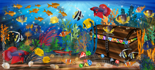 Underwater background with treasure chest box and tropical fish, vector illustration