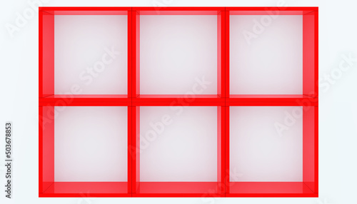 3D mockup of red empty cabinet on the wall. Kitchen shelf or bookshelf for office and home. Shop, gallery showcase. Blank retail storage space. Interior design furniture