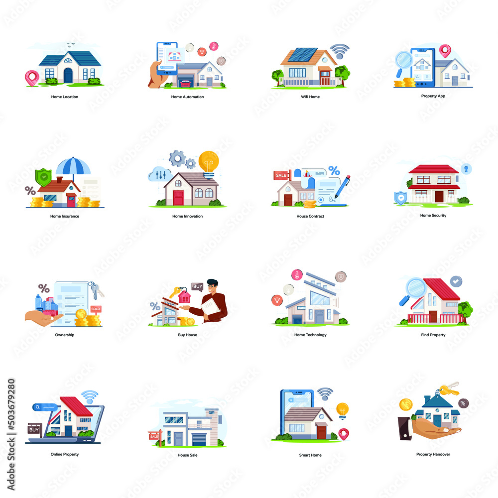 Set of Smart Homes Flat Illustrations 