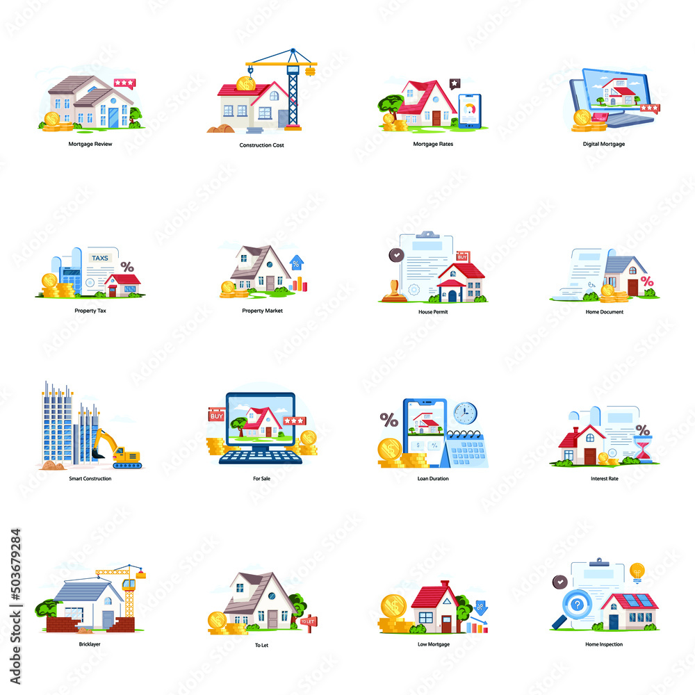 Trendy Set of Property Flat Illustrations Trendy Set of Property Flat Illustrations