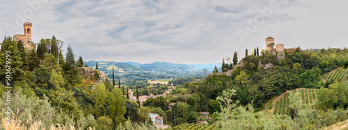Brisigella, Ravenna, Emilia-Romagna, Italy. Beautiful panoramic aerial view of the medieval city and Manfredian fortress with clock tower. Famous symbols of the defensive city
