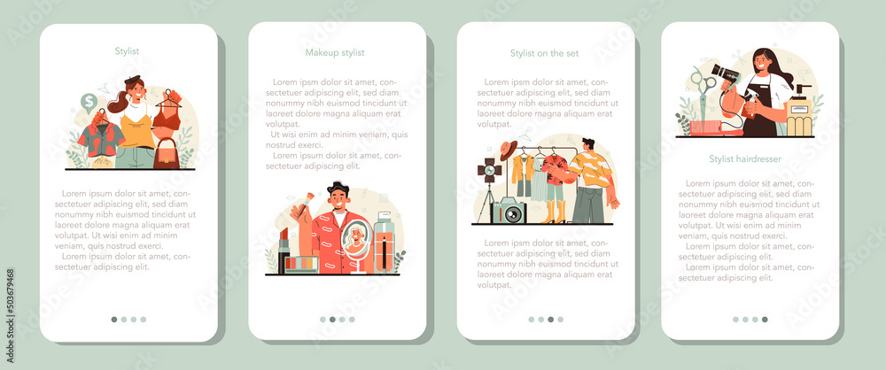 Fashion stylist mobile application banner set. Modern, creative job Fashion stylist mobile application banner set. Modern, creative job