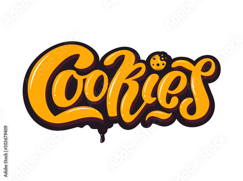 Cookies brand name logo with a chocolate drop, a cookie with the chocolate chip, hand lettering,  vector illustration. Logo. Bitten cookie. Cartoon Style for a card, packaging, Banner, Flyer, Sticker.