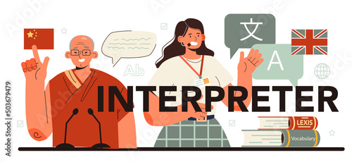 Interprener typographic header. Linguist translating document, books