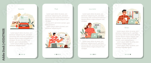 Writer mobile application banner set. Author writing script of a novel