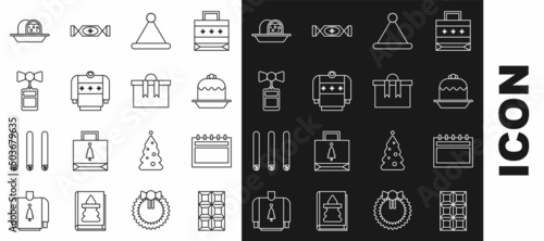 Set line Chocolate bar, Calendar, Cake, Christmas Santa Claus hat, sweater, Price tag with inscription Sale, Marzipan sponge cake and Gift box icon. Vector