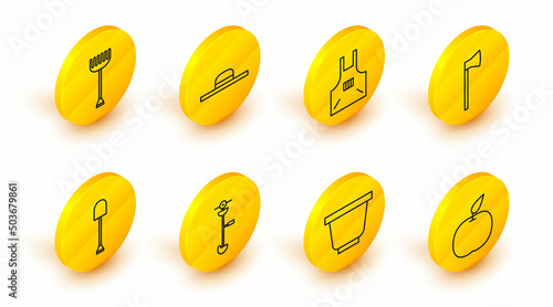 Set line Apple, Flower pot, Grass and weed electric string trimmer, Shovel, Wooden axe, Kitchen apron, Worker hat and Garden rake icon. Vector