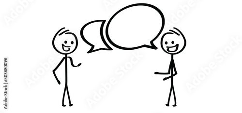 Two cartoon stickman, stick figure man, dialogue, speaking people icon or pictogram. Talk or chat icon or pictogram. talking, speech bubble symbol. Friendship conversation. People talking, feedback