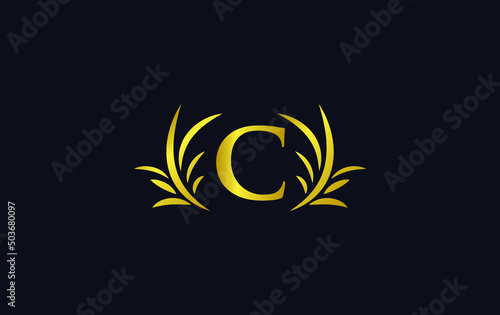 Golden laurel wreath leaf logo vector with the letters and alphabets C
