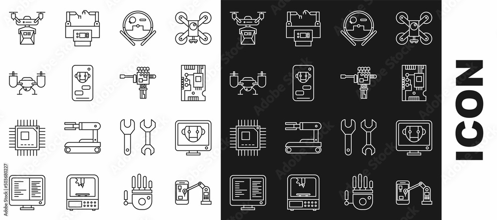 Set line Industrial machine robotic robot arm hand, Robot vacuum cleaner, Drone flying with action camera, delivery concept and Mechanical screwdriver icon. Vector Set line Industrial machine robotic robot arm hand, Robot vacuum cleaner, Drone flying with action camera, delivery concept and Mechanical screwdriver icon. Vector