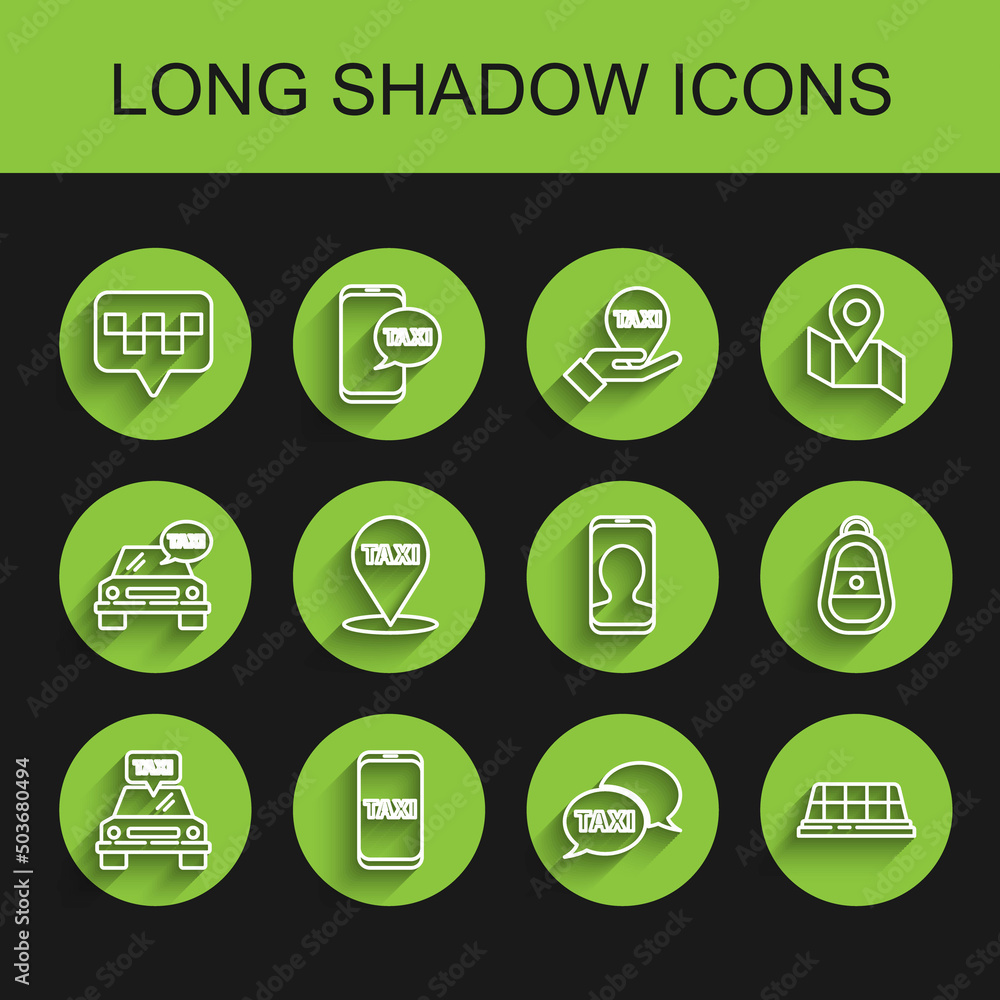 Set line Taxi car, call telephone service, Map pointer with taxi, roof, Car key remote and icon. Vector Set line Taxi car, call telephone service, Map pointer with taxi, roof, Car key remote and icon. Vector